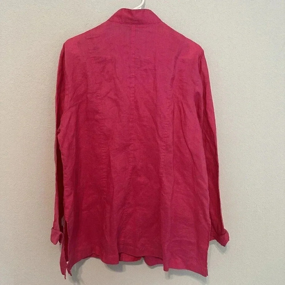 TOTOnKO Womens Size 1X 100% Linen Button Front Blouse Tunic Airy V Neck Hot Pink - Picture 2 of 6